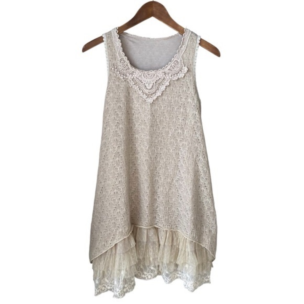 Sleeveless Boho Ivory Knit Lace Layered Ruffled Tiered Hem Tunic Dress MEDIUN